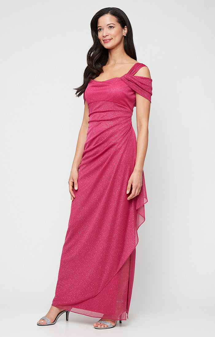 Plus Cold Shoulder Glitter Mesh Dress with Draped Skirt & Cowl Neckline