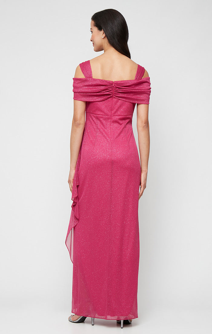 Plus Cold Shoulder Glitter Mesh Dress with Draped Skirt & Cowl Neckline