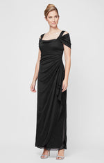 Cold Shoulder Glitter Mesh Dress with Draped Skirt & Cowl Neckline