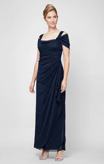 Cold Shoulder Glitter Mesh Dress with Draped Skirt & Cowl Neckline