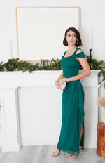 Cold Shoulder Glitter Mesh Dress with Draped Skirt & Cowl Neckline