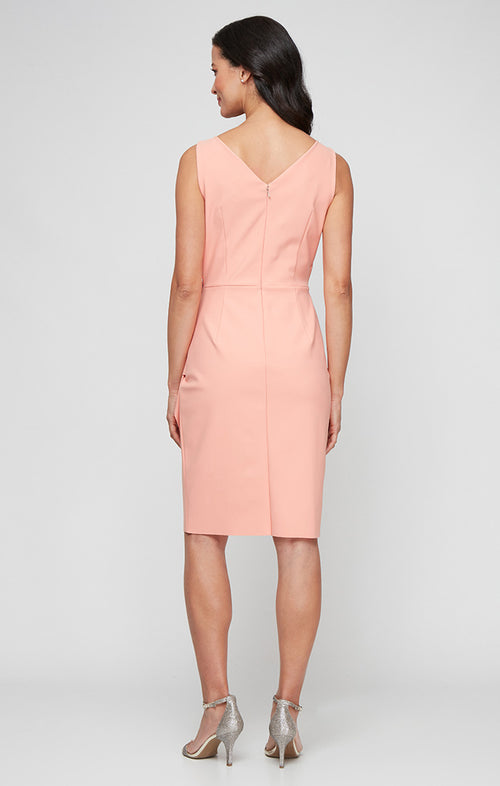 Side Ruched Compression Dress with Surplice Neckline, Cascade Ruffle Skirt & Beaded Detail at Hip