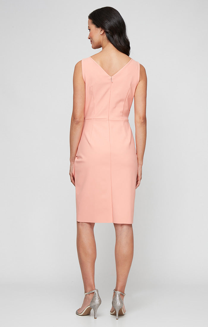 Side Ruched Compression Dress with Surplice Neckline, Cascade Ruffle Skirt & Beaded Detail at Hip