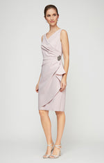 Short Compression Party Dress with Surplice Neckline, Cascade Ruffle Skirt & Beaded Detail at Hip