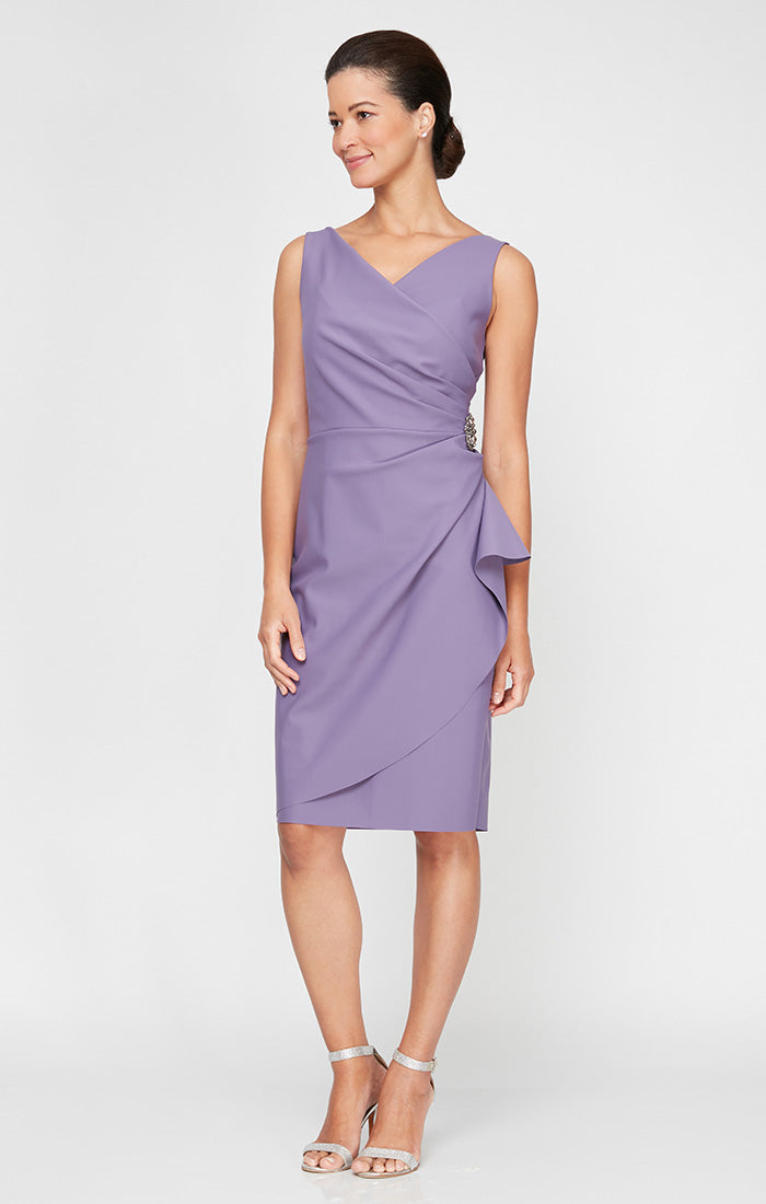 Compression Party Dress with Surplice Neckline, Cascade Ruffle Skirt & Beaded Detail at Hip