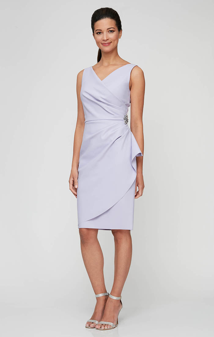 Short Compression Party Dress with Surplice Neckline, Cascade Ruffle Skirt & Beaded Detail at Hip