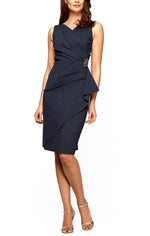 Short Side Ruched Compression Dress with Surplice Neckline, Cascade Ruffle Skirt & Beaded Detail at Hip