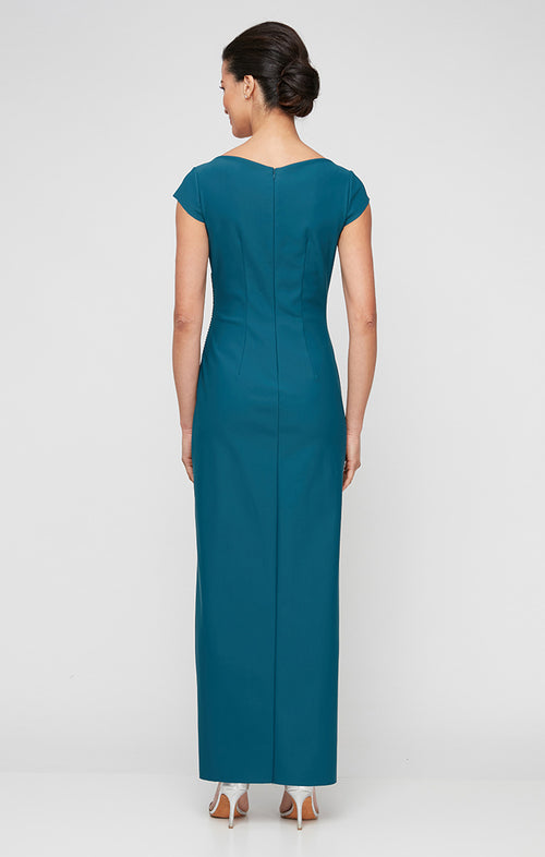 Long Cap Sleeve Compression Sheath Dress with Surplice Neckline and Hip Detail