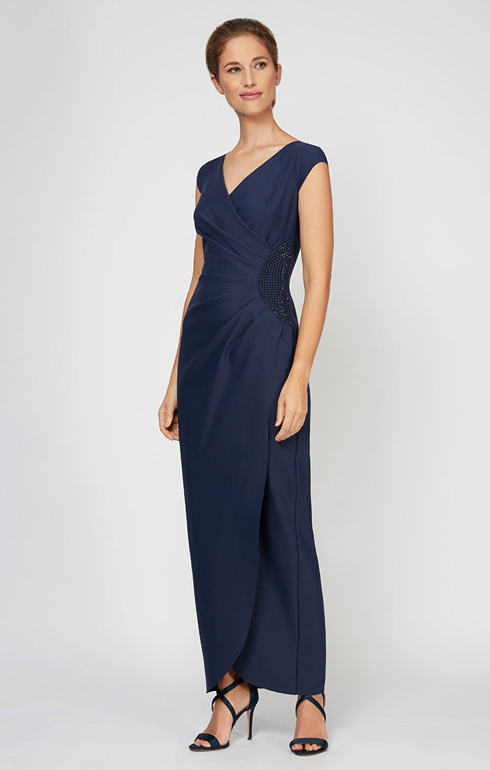 Long Cap Sleeve Compression Sheath Dress with Surplice Neckline and Hip Detail