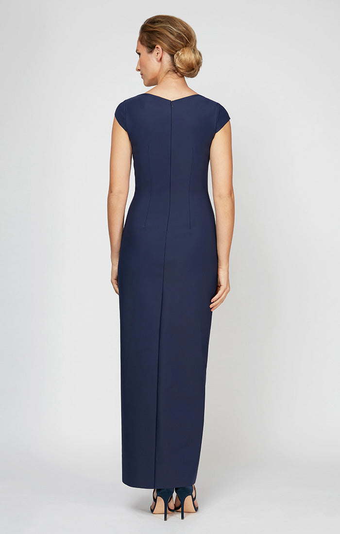 Long Cap Sleeve Compression Sheath Dress with Surplice Neckline and Hip Detail