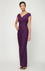 Long Cap Sleeve Compression Sheath Dress with Surplice Neckline and Hip Detail