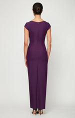 Long Cap Sleeve Compression Sheath Dress with Surplice Neckline and Hip Detail