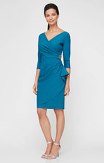 3/4 Sleeve Short Compression Collection Surplice Sheath Dress with Beaded Hip Detail & Cascade Ruffle Detail