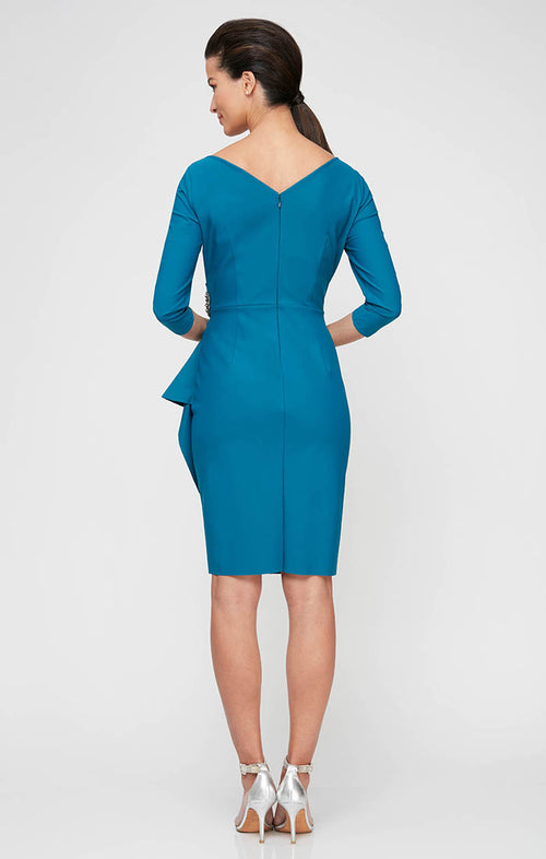 3/4 Sleeve Short Compression Collection Surplice Sheath Dress with Beaded Hip Detail & Cascade Ruffle Detail