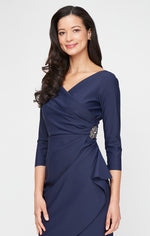 3/4 Sleeve Compression Sheath Dress with Beaded Hip Detail Ruffle Detail