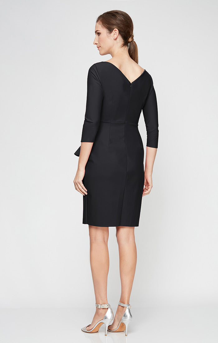 3/4 Sleeve Short Compression Collection Surplice Sheath Dress with Beaded Hip Detail & Cascade Ruffle Detail