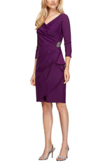 3/4 Sleeve Short Compression Collection Surplice Sheath Dress with Beaded Hip Detail & Cascade Ruffle Detail