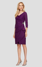 3/4 Sleeve Short Compression Collection Surplice Sheath Dress with Beaded Hip Detail & Cascade Ruffle Detail