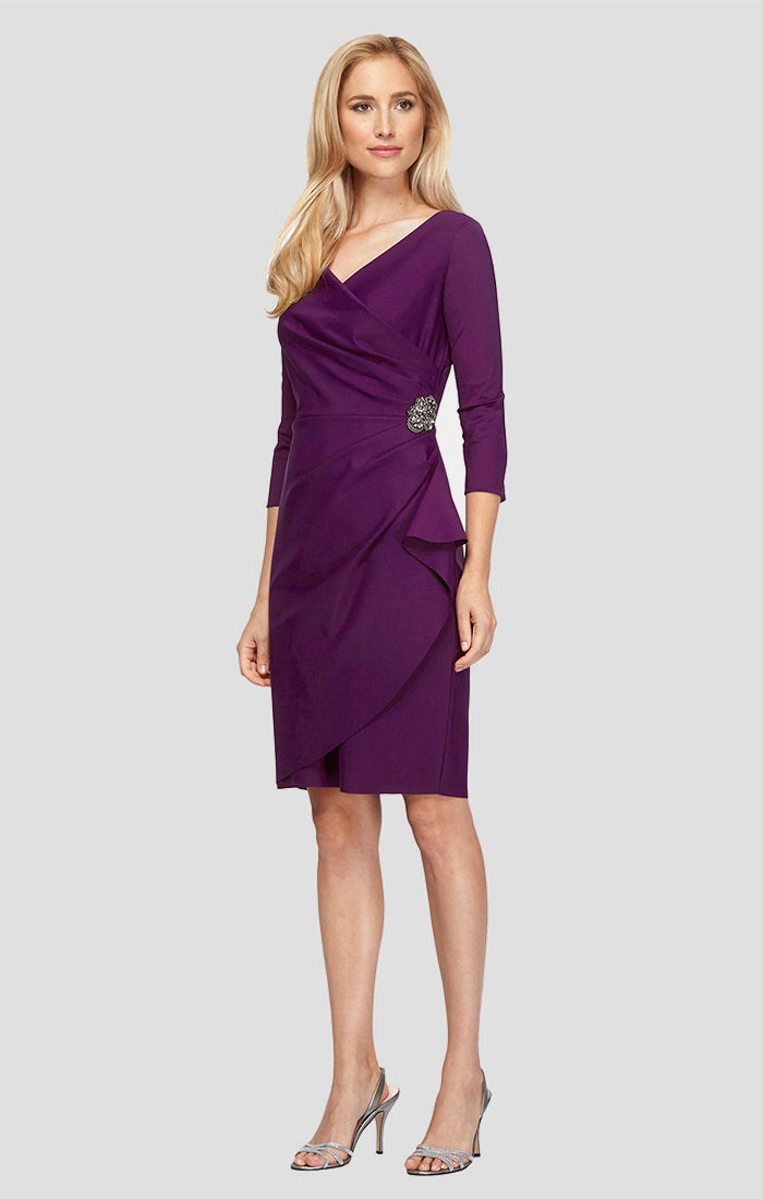 3/4 Sleeve Short Compression Collection Surplice Sheath Dress with Beaded Hip Detail & Cascade Ruffle Detail