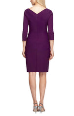 3/4 Sleeve Short Compression Collection Surplice Sheath Dress with Beaded Hip Detail & Cascade Ruffle Detail