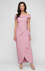 *Off-the-Shoulder Compression Dress with Cascade Ruffle Skirt & Embellishment