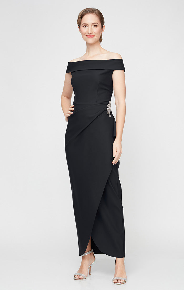 Off-the-Shoulder Compression Dress with Cascade Ruffle Skirt & Embellishment