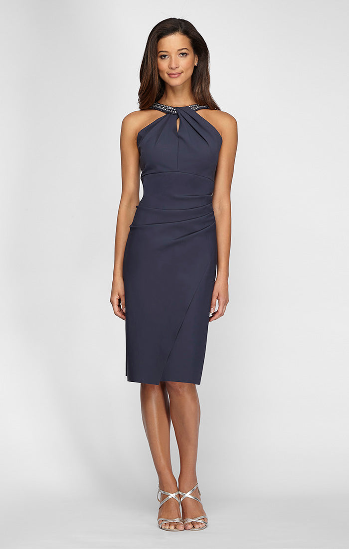 Sheath Compression Dress with Embellished Halter Style Neckline