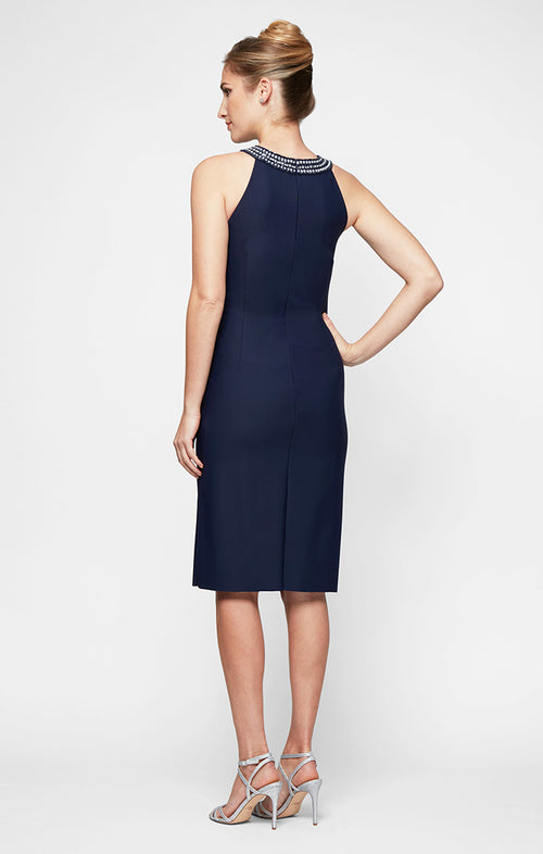 Sheath Compression Dress with Embellished Halter Style Neckline