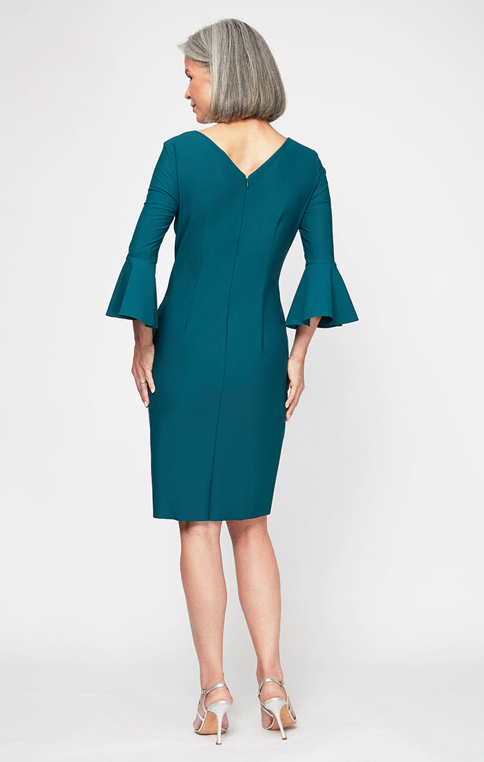 Sheath Compression Cocktail Dress with Bell Sleeves, Embellished Hip & Cascade Ruffle Detail