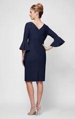 Sheath Compression Cocktail Dress with Bell Sleeves, Embellished Hip & Cascade Ruffle Detail