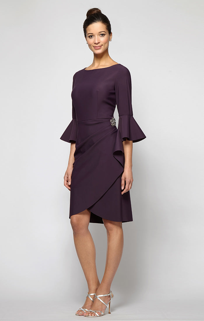 Sheath Compression Cocktail Dress with Bell Sleeves, Embellished Hip & Cascade Ruffle Detail