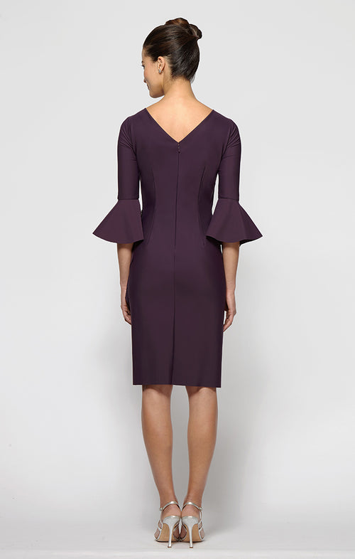 Sheath Compression Cocktail Dress with Bell Sleeves, Embellished Hip & Cascade Ruffle Detail