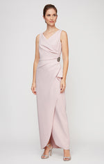 Sleeveless Compression Sheath Gown with Surplice Neckline & Beaded Detail at Hip