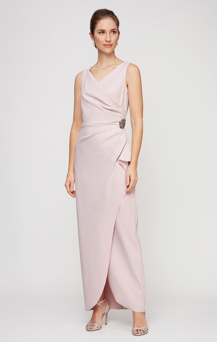 Sleeveless Compression Sheath Gown with Surplice Neckline & Beaded Detail at Hip