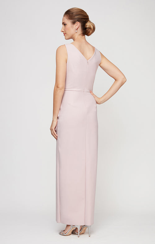 Petite Long Sleeveless Compression Sheath Gown with Surplice Neckline, Cascade Detail Skirt and Beaded Detail at Hip