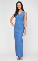 Petite Compression Long Sleeveless Sheath Gown with Surplice Neckline, Cascade Detail Skirt and Beaded Detail at Hip