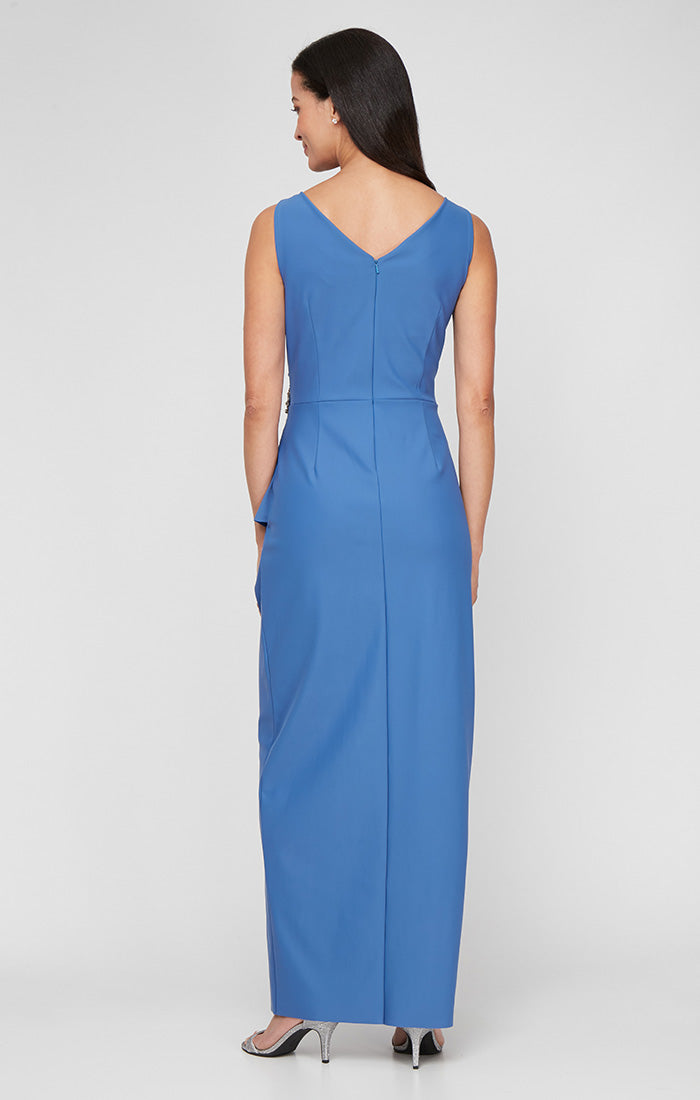 Petite Compression Long Sleeveless Sheath Gown with Surplice Neckline, Cascade Detail Skirt and Beaded Detail at Hip