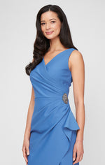 Petite Compression Long Sleeveless Sheath Gown with Surplice Neckline, Cascade Detail Skirt and Beaded Detail at Hip