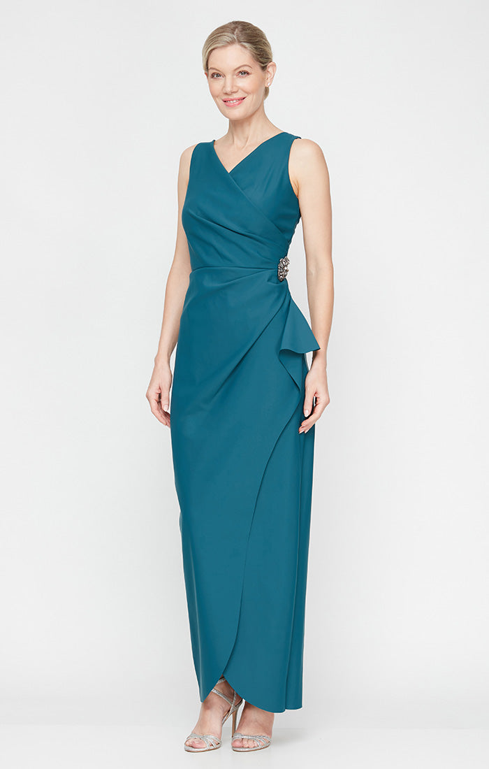 Long Sleeveless Compression Sheath Gown with Surplice Neckline, Cascade Detail Skirt and Beaded Detail at Hip