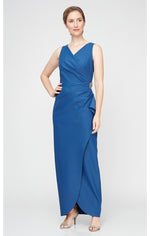 Long Sleeveless Compression Sheath Gown with Surplice Neckline, Cascade Detail Skirt and Beaded Detail at Hip