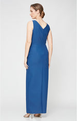 Long Sleeveless Compression Sheath Gown with Surplice Neckline, Cascade Detail Skirt and Beaded Detail at Hip