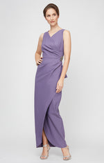 Long Sleeveless Compression Sheath Gown with Surplice Neckline, Cascade Detail Skirt and Beaded Detail at Hip