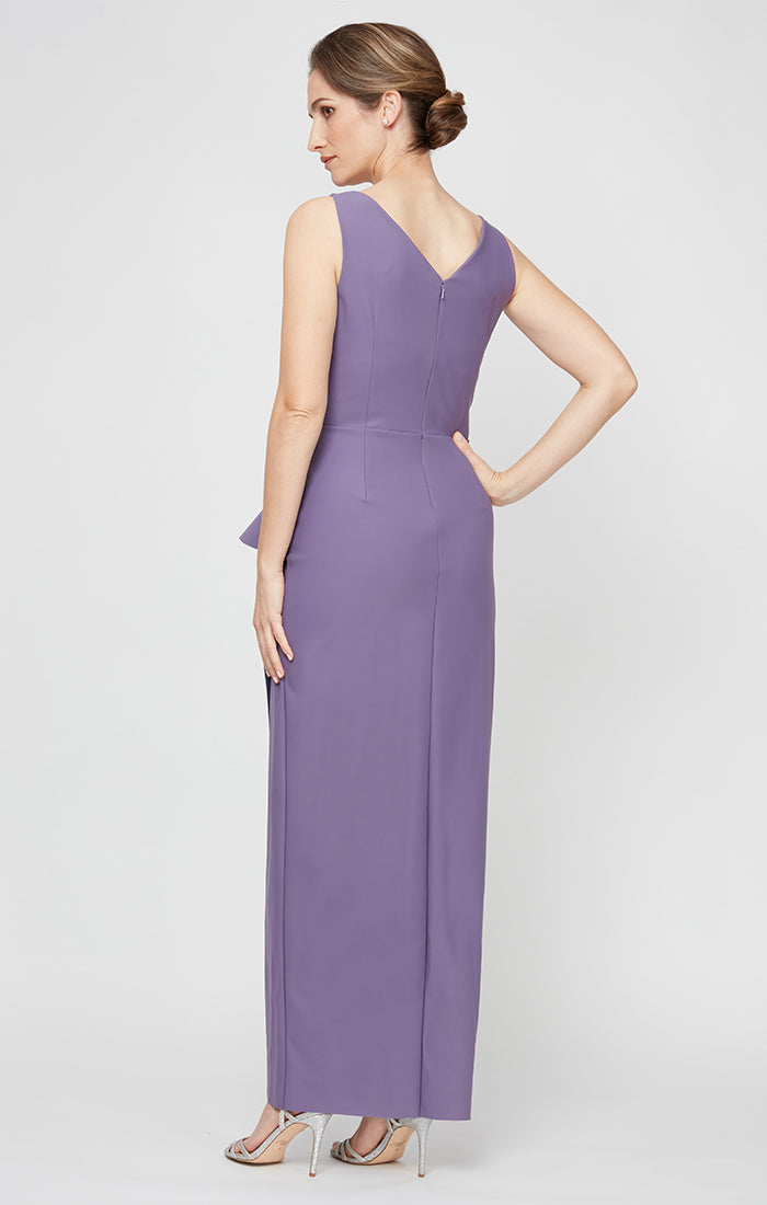 Long Sleeveless Compression Sheath Gown with Surplice Neckline, Cascade Detail Skirt and Beaded Detail at Hip