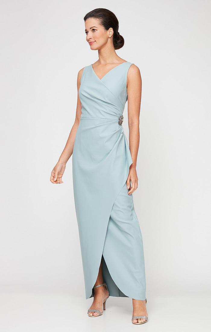 Sleeveless Compression Sheath Gown with Surplice Neckline & Beaded Detail at Hip