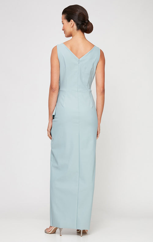 Sleeveless Compression Sheath Gown with Surplice Neckline & Beaded Detail at Hip