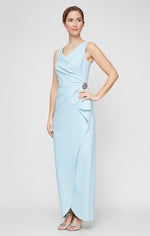 Petite Long Sleeveless Compression Sheath Gown with Surplice Neckline, Cascade Detail Skirt and Beaded Detail at Hip