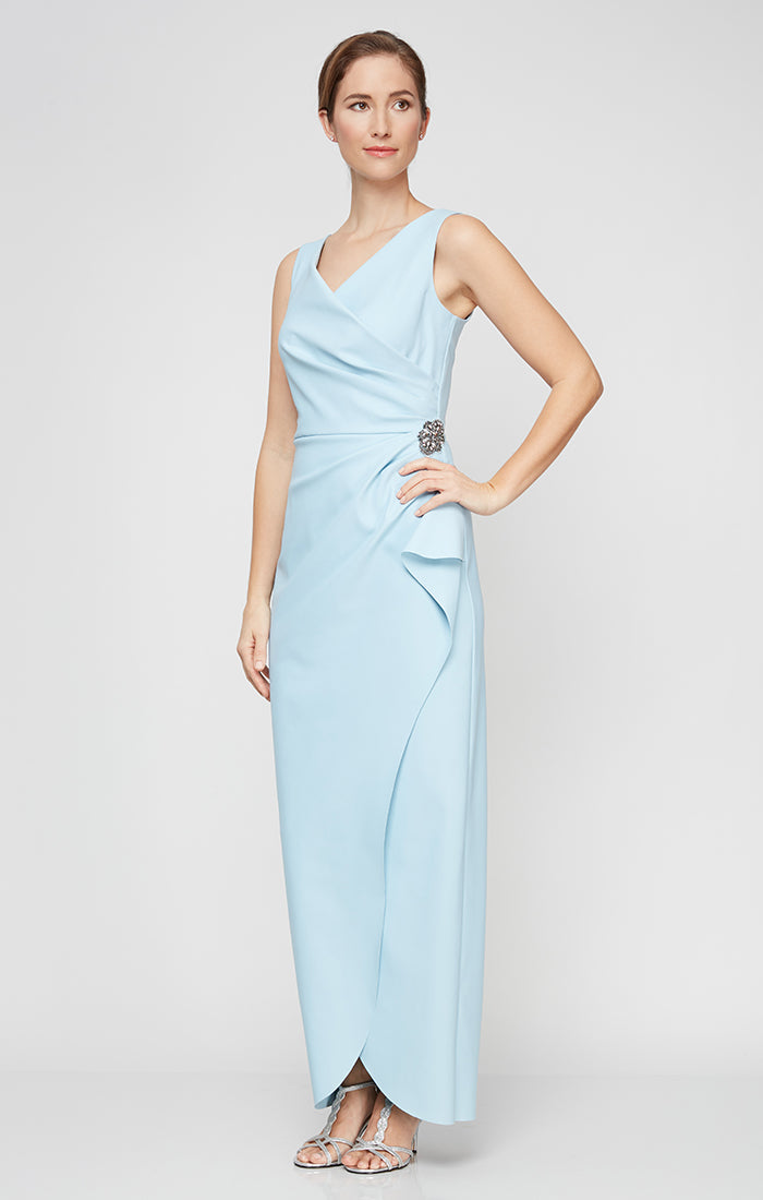 Petite Long Sleeveless Compression Sheath Gown with Surplice Neckline, Cascade Detail Skirt and Beaded Detail at Hip