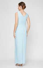 Petite Long Sleeveless Compression Sheath Gown with Surplice Neckline, Cascade Detail Skirt and Beaded Detail at Hip