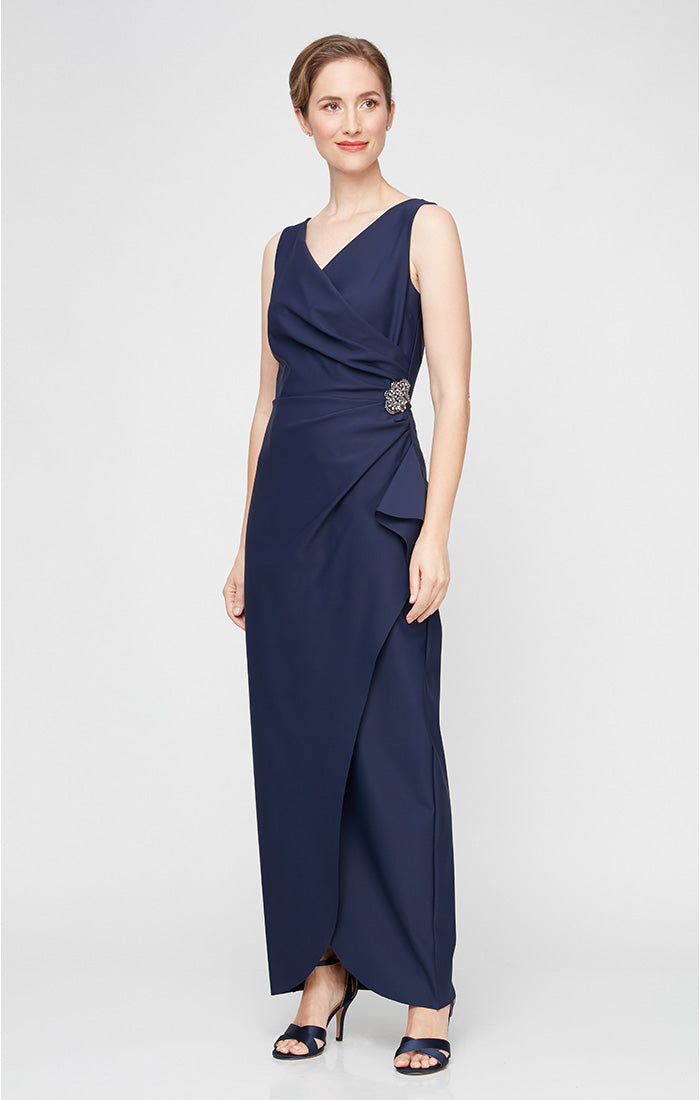 Long Sleeveless Compression Sheath Gown with Surplice Neckline, Cascade Detail Skirt and Beaded Detail at Hip