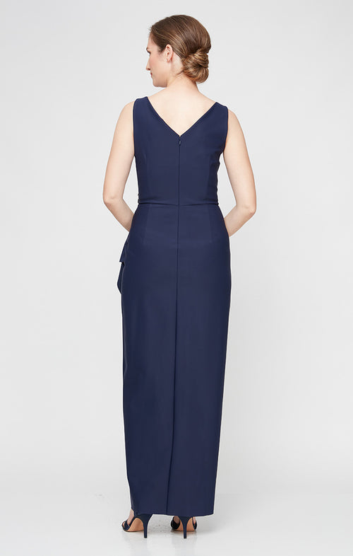 Long Sleeveless Compression Sheath Gown with Surplice Neckline, Cascade Detail Skirt and Beaded Detail at Hip